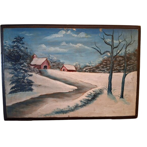 Vintage Winter Landscape Oil Painting On Wood Rustic Mid-Century 12.75" x 8.5" - Picture 3 of 9